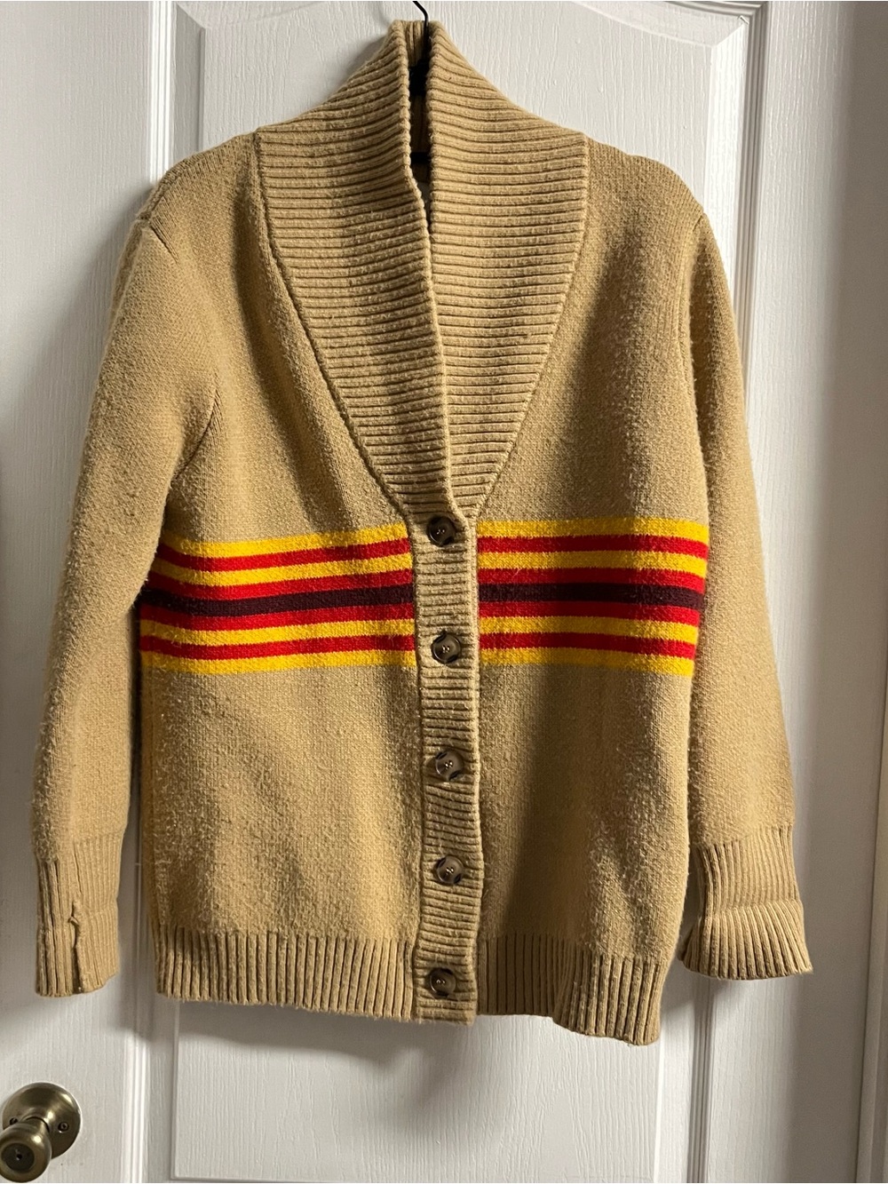 Callahan Beige Shawl Collar Electic Aztec Cardigan with Red and Yellow Stripes